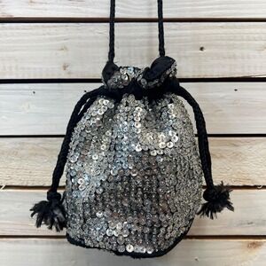 Vintage Silver Sequin Evening Bag Drawstring Bucket Purse Y2K Party Mini